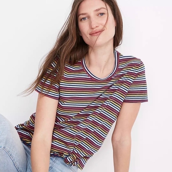 MADEWELL Women's Knot-Front Tee In Rainbow Stripe Size SMALL 🌟 - Picture 1 of 6